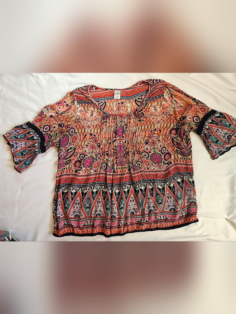 Bila Womens Orange Multicolor Paisley Bell Sleeve Cold Shoulder Blouse Size M